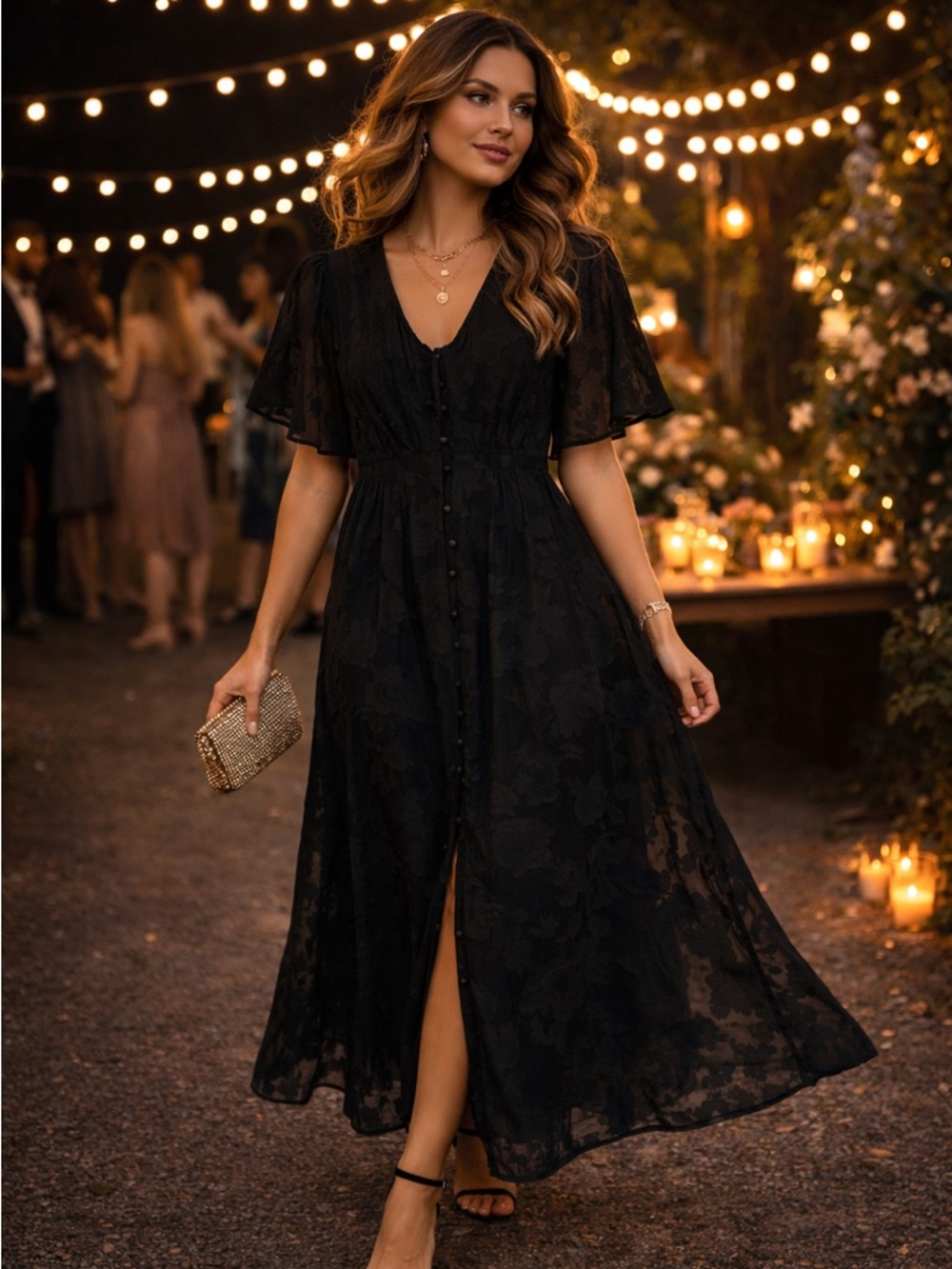 CREAM Black Jacquard Midi Dress Size 8 Sheer Sleeve Dark Romantic Chic Grunge